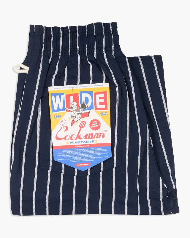 Cookman Wide Chef Pants - Stripe Navy Polished Men's Silk