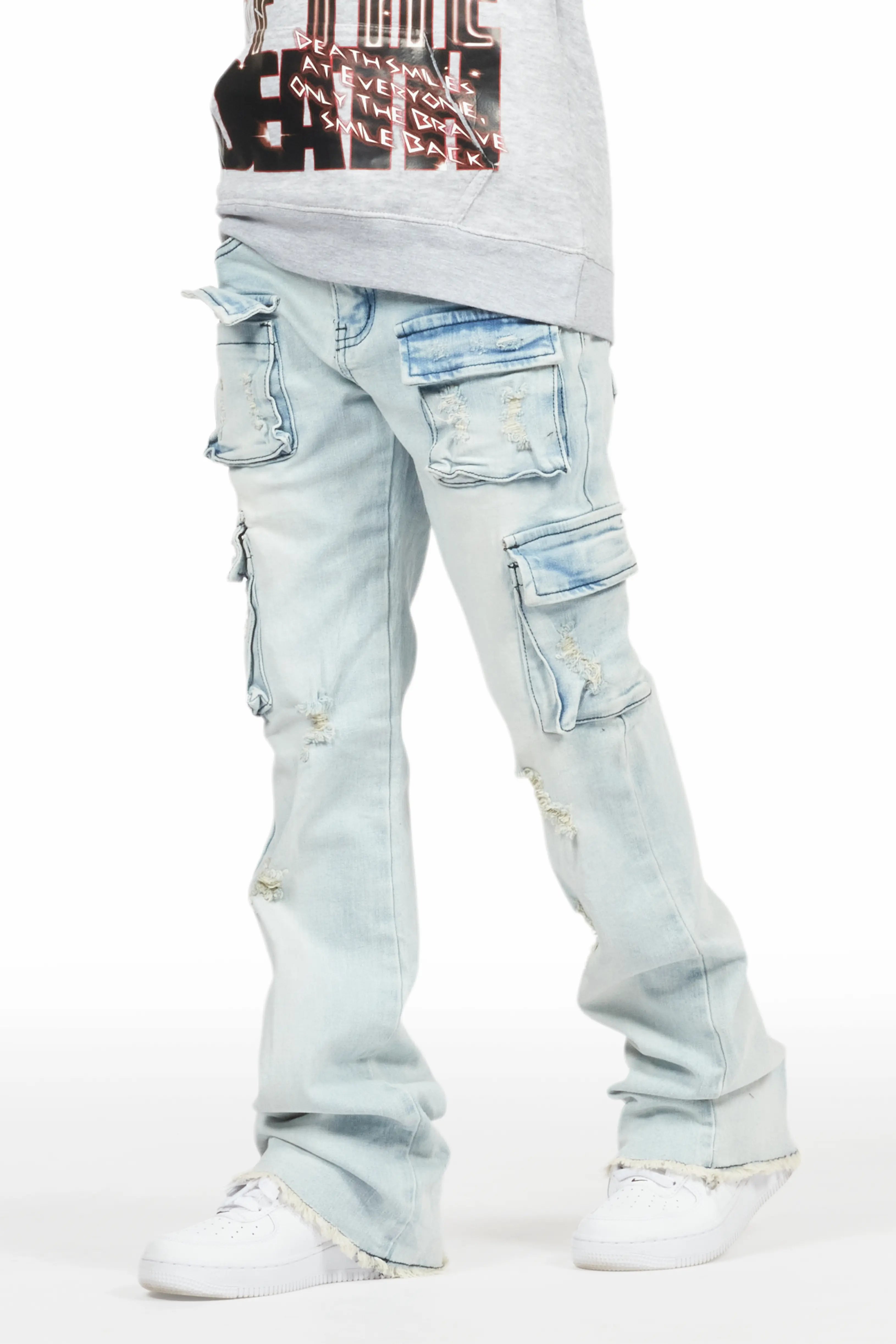 Boys Sterling Blue Fringe Stacked Flared Cargo Jean Masculine Men's 