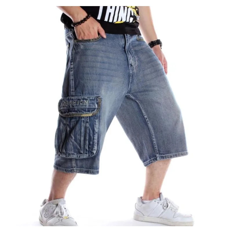 Men's Summer American Hip-Hop Style Denim Loose Baggy Short Jeans Monochromatic All