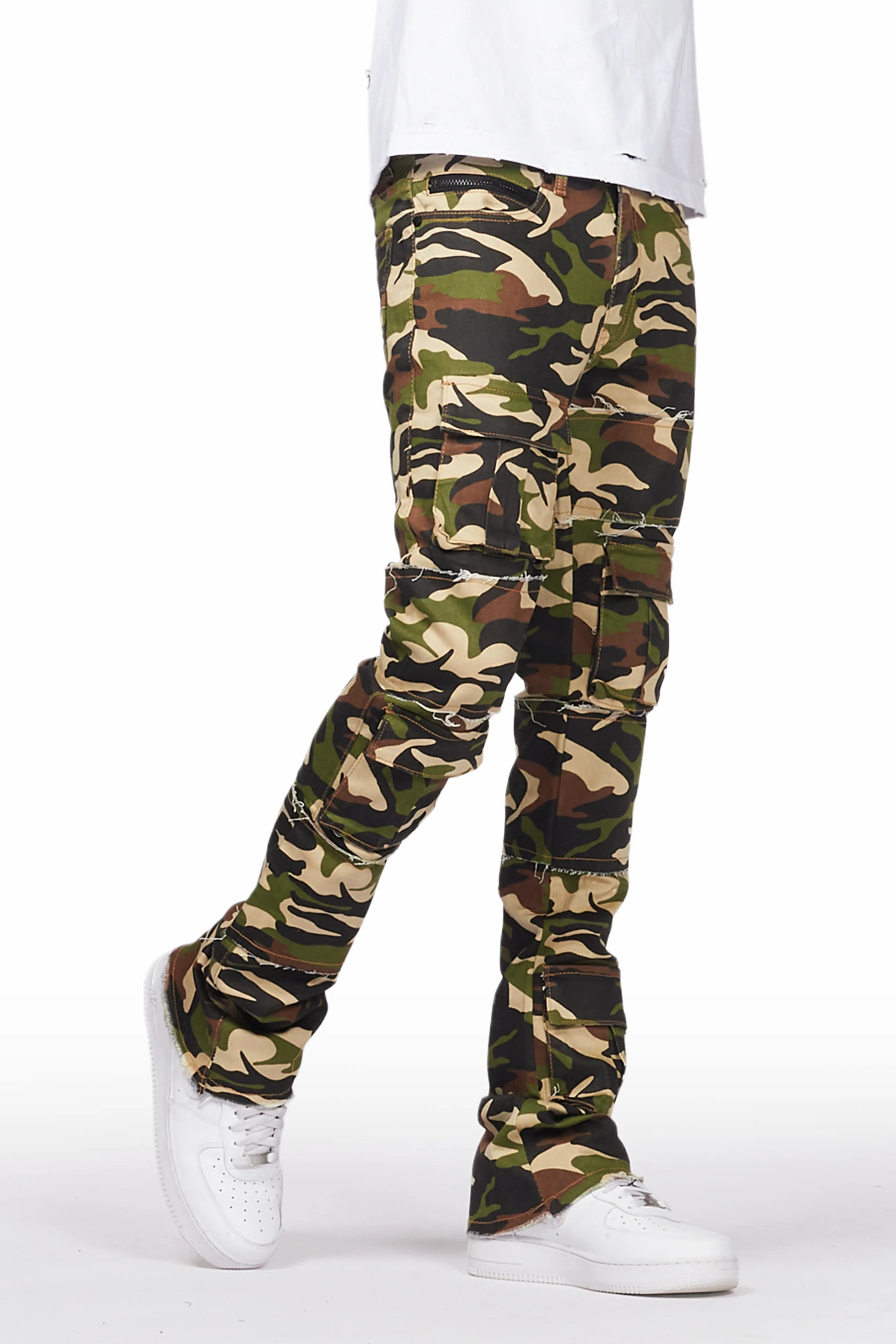 Duggar Green Camo Cargo Stacked Flare Jean Sleek Men's Metallic